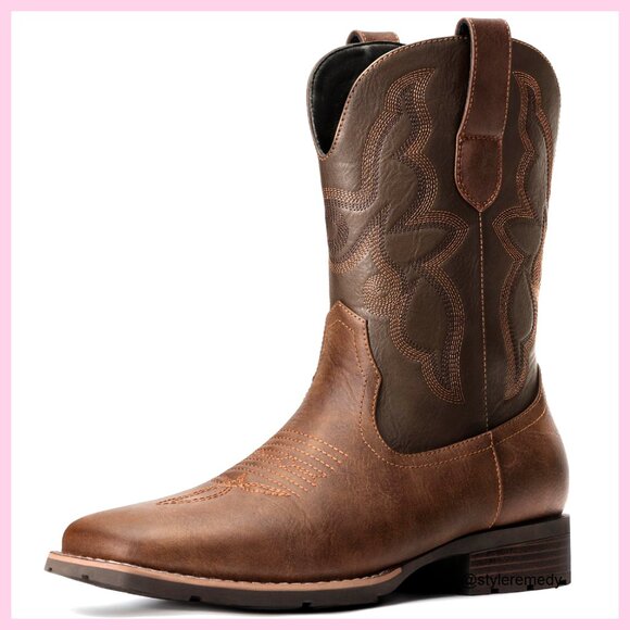 Men's Western Cowboy Boots Square Toe Embroidered Pull-On Durable